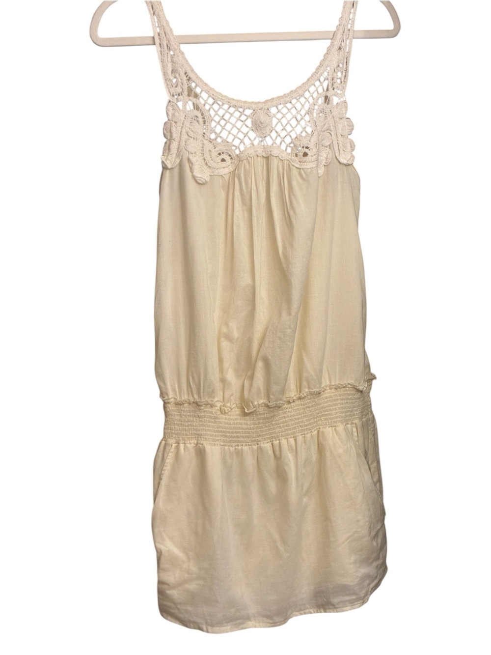 BCBGeneration 100% Cotton Cream Crochet Mini Dress Pockets Drop Waist Smocked S